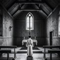 A young acolyte in a white robe stands before an altar in a rustic wooden chapel Royalty Free Stock Photo