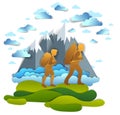 Young active couple hiking through grasslands to mountains, clouds in the summer sky. Boyfriend and girlfriend hikers having time