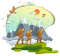 Young active family hiking to nature with mountain range, father, mother and son. Vector illustration of beautiful summer scenic Royalty Free Stock Photo