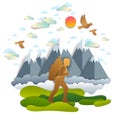 Young active man hiking to nature with mountain peaks in background, vector illustration of beautiful summer scenic mountain range