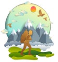 Young active man hiking to nature with mountain peaks in background, vector illustration of beautiful summer scenic mountain range