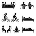 Young active stick figure male and female couple reading, writing, riding bicycle, sleeping, sitting, meditating vector icon set