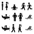 Active stick figure man, woman flying, swimming, standing, walking, running, sitting, meditating vector illustration icon set Royalty Free Stock Photo