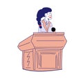 A young activist girl in a business suit behind a podium makes a speech. Girl politician. School debate. Vector illustration, blue