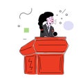 A young activist girl in a business suit behind a podium makes a speech. Girl politician. Vector illustration with contour in hand