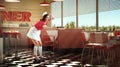 Young adorable girl, waitress in retro style clothes and rollers holding food tray and delivering to clients over 3D