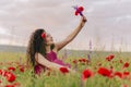 Young adorable girl wearing poppy in her hair and holding wild flowers Royalty Free Stock Photo