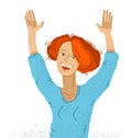 Young adorable happy woman raised hands up hello I am here vector illustration isolated, smiling girl shows gesture to attract an