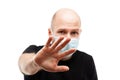 Young adult bald head man wearing respiratory protective medical mask Royalty Free Stock Photo