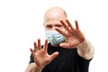 Young adult bald head man wearing respiratory protective medical mask