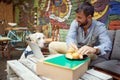 Young adult beardy male having a break in outdoor cafe, preparing piece of pastry do give to his dog