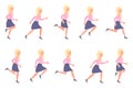Young, adult blonde woman running sequence poses vector illustration. Fast moving forward, hurry female person cartoon character