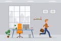 Young adult cartoon character man in jeans pants running away from modern office at the end of working day vector illustration Royalty Free Stock Photo