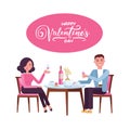 Young adult couple drinking red wine after romantic dinner together in elegant restaurant. Romantic Valentine`s day date