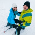 young adult couple taking selfie on the top of winter hill. skiing and snowboarding Royalty Free Stock Photo