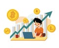 A young adult cryptocurrency inverster trading on notebook cartoon flat vector illustration. Stock trader. Working on e-business. Royalty Free Stock Photo