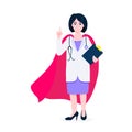 Young adult doctor with hero cape behind hospital medical employee