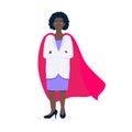 Young adult doctor with hero cape behind hospital medical employee