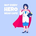 Young adult doctor with hero cape behind hospital medical employee fights against diseases and viruses.