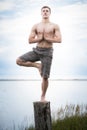 Young Adult Doing Yoga on a Stump in Nature