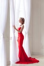 Young adult elegant woman with perfect makeup and red long dress