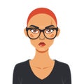 Young adult female character serious expression, red hair, large black glasses, fashion trendy