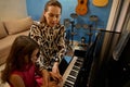 Young adult female pianist, music teacher teaching piano and music lesson to a little girl in elegant red dress, sitting