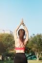 Young adult female in sportswear doing Yoga in the park outdoor, healthy woman sitting on grass and meditation with lotus pose in Royalty Free Stock Photo