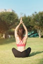 Young adult female in sportswear doing Yoga in the park outdoor, healthy woman sitting on grass and meditation with lotus pose in Royalty Free Stock Photo