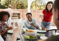 Young adult friends sitting outdoors and barbecuing