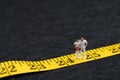 Young adult, gen Y or new age people concept, miniature people couple in casual white cloth standing on number 25 on yellow