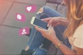 Young Adult Girl Influencer Using Social Media on Smartphone on Outdoor, Like, Follower, Comment Bubble Icons