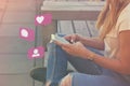 Young Adult Girl Influencer Using Social Media on Smartphone on Outdoor, Like, Follower, Comment Bubble Icons