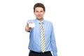 Young adult holds business card, isolated