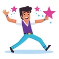 Young adult male cartoon character dancing joyfully, holding star. Animated man displays