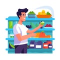 Young adult male cartoon character shopping groceries, selecting green bell pepper.