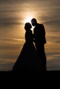 Young adult male groom and female bride holding hands on beach at sunset. Royalty Free Stock Photo