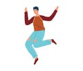 Young adult male jumping joyfully in casual clothing with a modern haircut. Energetic and happy man in mid-air with a Royalty Free Stock Photo