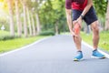 Young adult male with muscle pain during running. runner have knee ache due to Runners Knee or Patellofemoral Pain Syndrome,