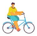 Young adult male rides blue bicycle, casual attire, happy expression, outdoor activity, healthy