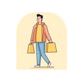 Young adult male shopping bags casual attire walking content vector illustration yellow