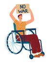 Young adult male in a wheelchair holding a sign that says 'NO WAR' with a smile. Peaceful protest, disability