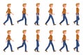 Young adult man in jeans walking sequence poses vector illustration. Moving forward, fast, slow going person cartoon character set