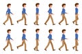 Young adult man in light brown pants walking sequence poses vector illustration. Moving forward going cartoon character set Royalty Free Stock Photo