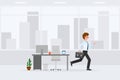 Young, adult man running away from office at the end of day vector. Fast moving forward, going home male cartoon character