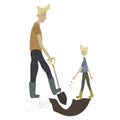 Young adult man with shovel and cute boy with seeds doing garden job - planting, growing sprouts. Male characters. Royalty Free Stock Photo