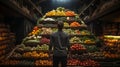 Young Adult Man Standing Before A Towering Bountiful Display of Organic Fresh Produce. Generative AI