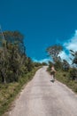 Young adult man walking alone on a dusty road on top of a hill with green grass in the middle of a sunny summer day