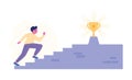 Young adult man walking up the stairs with golden cup on the top to his goal. Career progression, reaching aim