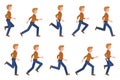 Young, adult man wearing jeans running sequence poses vector set. Fast moving forward, hurry, rush male person cartoon character Royalty Free Stock Photo